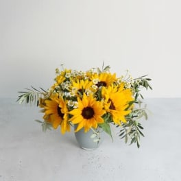 Yellow sunflowers arranged in a small gray vase