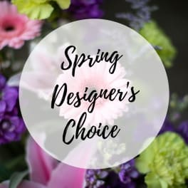Spring Designer's Choice text over a blurred floral background