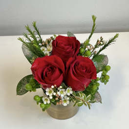 Three red roses in a small beige pot with white filler flowers