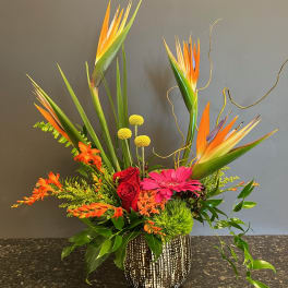 Tropical flower arrangement with birds of paradise, roses, and a gerbera daisy in a patterned vase