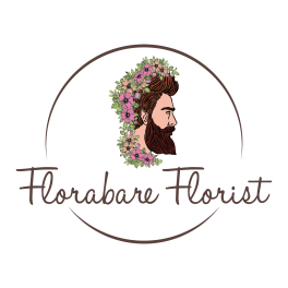 Floral florist logo with a bearded profile and the text Florabare Florist
