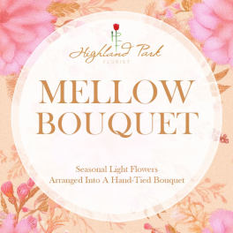 Mellow Bouquet title card with pink floral background