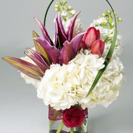 White hydrangeas with purple and pink tulips in a glass vase with a ribbon