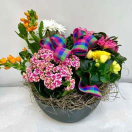 Mixed flower arrangement in a gray bowl with colorful ribbon bows