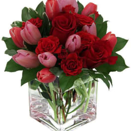 Red roses and pink tulips arranged in a clear square vase