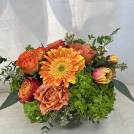 Orange gerbera and roses in a glass vase with green hydrangea