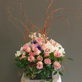 Pink roses and white orchids in a black container with curly branches
