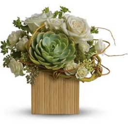 White roses and a green succulent arranged in a wooden box
