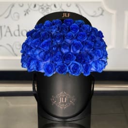 Large bouquet of vivid blue roses in a black hatbox
