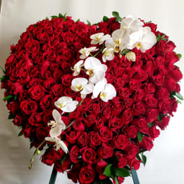 Heart-shaped arrangement of red roses with white orchids