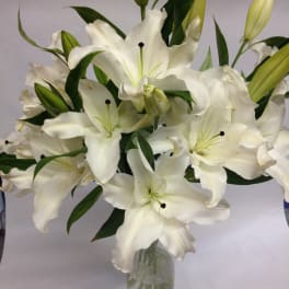White lilies arranged in a clear glass vase