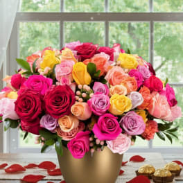 Mixed roses in a gold vase with rose petals and chocolates