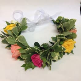 Floral crown with multicolored roses and sheer ribbon