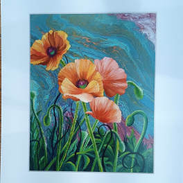 Framed floral artwork with orange and pink poppies on a blue background
