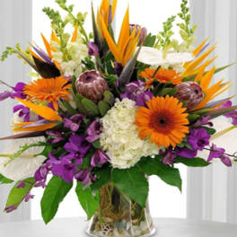 Bright tropical bouquet with orange and purple flowers in a glass vase