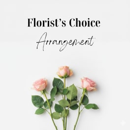 Three pink roses on long stems below the words 'Florist's Choice Arrangement' on a white background