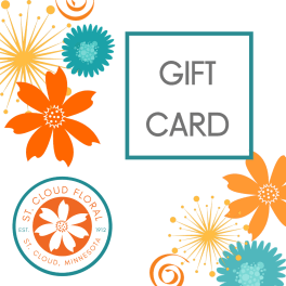 Gift card graphic with colorful floral illustrations and St. Cloud Floral logo