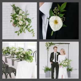 White floral wedding bouquet with greenery and a matching boutonniere