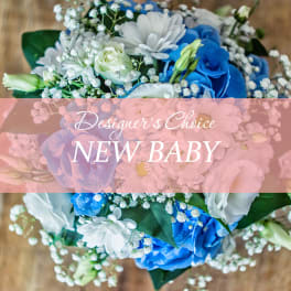 Blue and white bouquet with baby's breath and roses, labeled New Baby