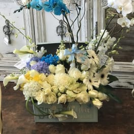 Mixed floral arrangement with white orchids, roses, and blue orchids in a box