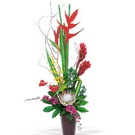Tall tropical flower arrangement in a brown vase with red and pink blooms