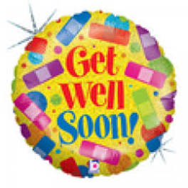 Round yellow balloon with colorful confetti and "Get Well Soon" text