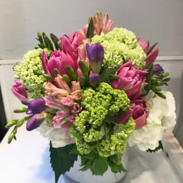 Pink and purple tulips with green hydrangeas in a white vase