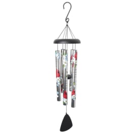 Hanging wind chime with floral-patterned metal tubes