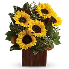 Sunflower arrangement in a wooden box
