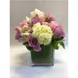 Pink and lavender flowers arranged in a square glass vase