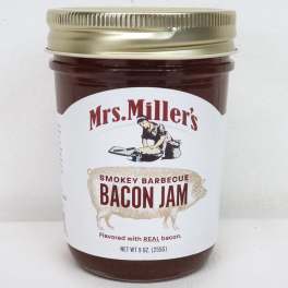 Jar of Mrs. Miller's smokey barbecue bacon jam with a gold lid