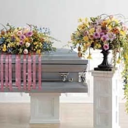 Polychromatic Casket Spray and Vase Arrangement