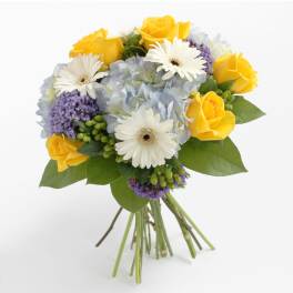 Bouquet of yellow roses, white gerbera daisies, and blue hydrangea