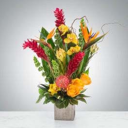 Tall tropical arrangement with red ginger, yellow roses, orchids, and bird of paradise in a square vase