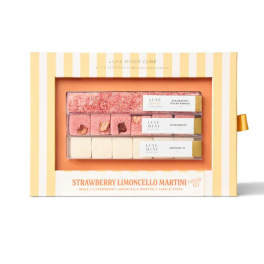 Strawberry limoncello martini mixer kit in a striped gift box
