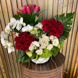 Bouquet of red roses, white orchids, and pink tulips in a white vase