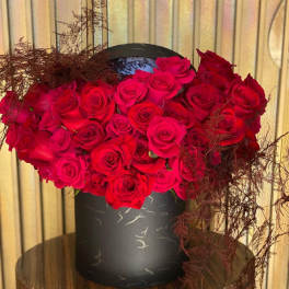 Red roses arranged in a black round box with dark feathery accents
