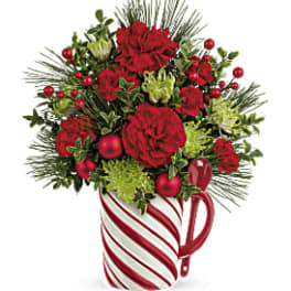 Red flowers arranged in a striped mug with pine accents