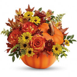 Pumpkin-shaped arrangement with roses and yellow daisies