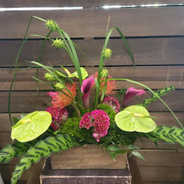 Tropical floral arrangement with pink calla lilies and lime anthuriums in a wooden container