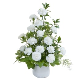 Tall arrangement of white carnations in a white vase