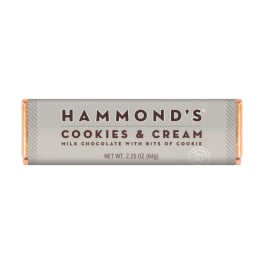 Wrapped chocolate bar labeled Hammonds Cookies & Cream