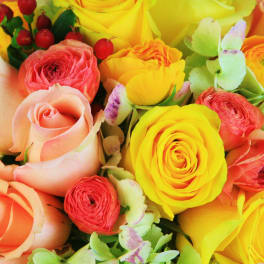 Bouquet of yellow, peach, and pink roses with small red berries