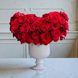 Red roses arranged in a white pedestal vase
