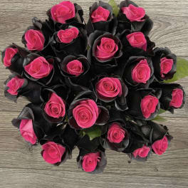 Bouquet of hot pink roses with dark black petals