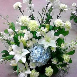 White lilies and hydrangea in a low floral arrangement