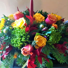 Colorful bouquet of roses and chrysanthemums with greenery