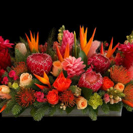 Bright tropical floral arrangement with red, orange, and pink blooms in a low rectangular container