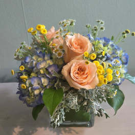 Low arrangement of peach roses, blue hydrangeas, and yellow and white daisies in a clear glass cube vase