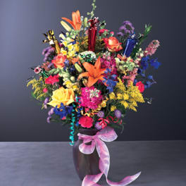 Colorful mixed flower bouquet in a dark vase with a pink ribbon